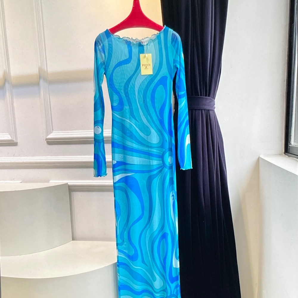Emilio Pucci Turquoise & Royal Blue Wave Long Sleeve Maxi Dress